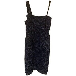BCBGeneration Black/Blue Polka Dot Sheath Dress Ruffle Lined one Shoulder Size 4